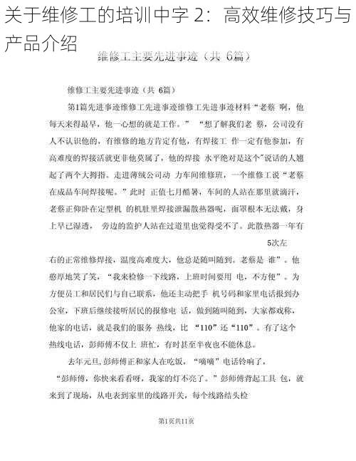 关于维修工的培训中字 2：高效维修技巧与产品介绍