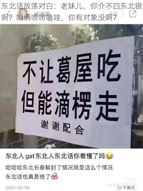 东北话放荡对白：老妹儿，你介不四东北银啊？咱俩唠唠嗑哇，你有对象没啊？