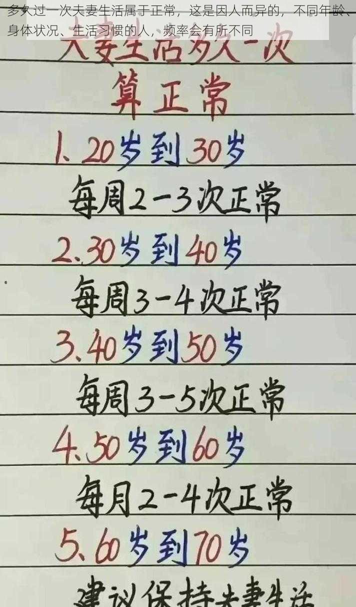 多久过一次夫妻生活属于正常，这是因人而异的，不同年龄、身体状况、生活习惯的人，频率会有所不同