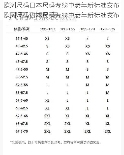 欧洲尺码日本尺码专线中老年新标准发布 欧洲尺码日本尺码专线中老年新标准发布